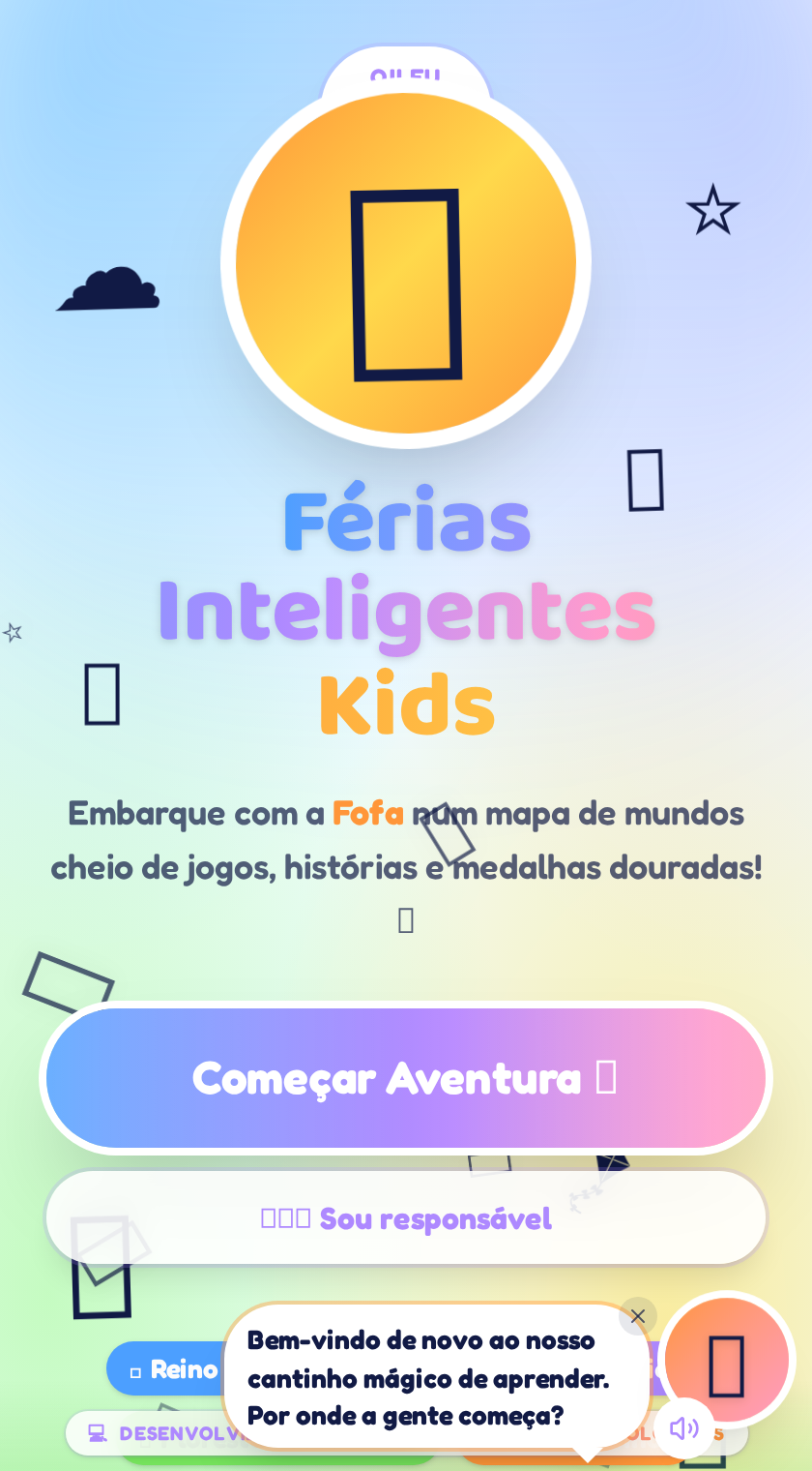 Tela inicial do Férias Inteligentes Kids com a raposa Fofa